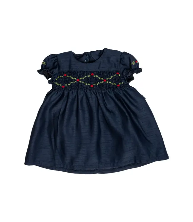 Navy Floral Smocked Silk S/S Dress