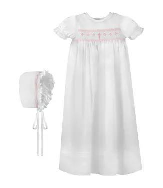 Long Bullion Cross Girl Christening Gown & Bonnet