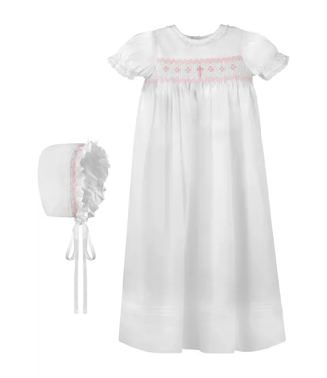 Long Bullion Cross Girl Christening Gown & Bonnet