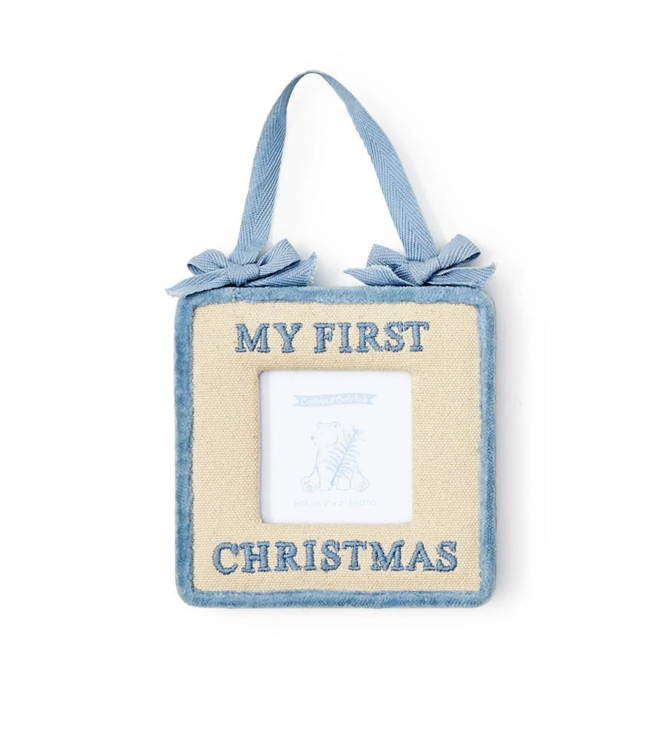cupcakes & cartwheels Baby's First Christmas Photo  Frame Ornament-Blue
