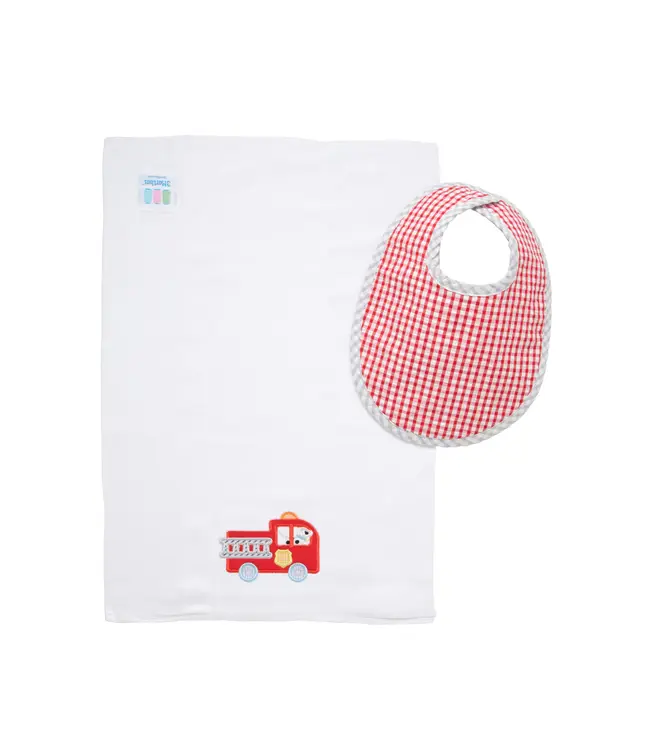 3 Marthas Fire Truck Bib & Burp Set