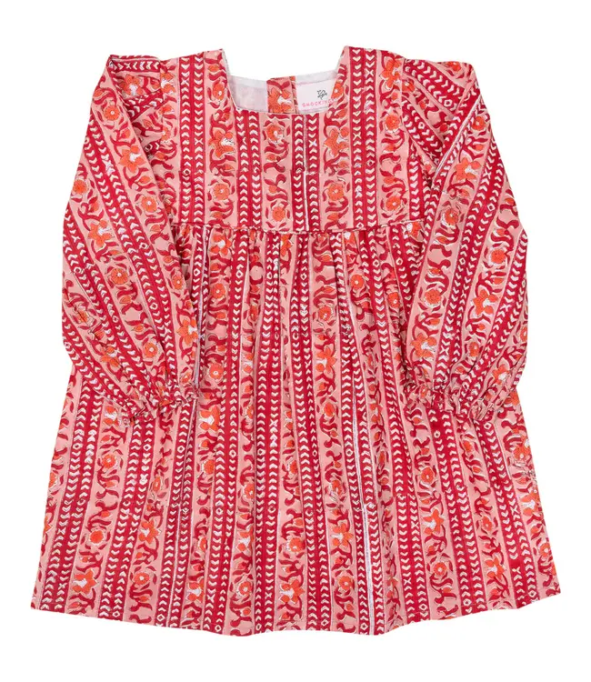 Smocking Bird Christmas Linear Floral Block Print Dress