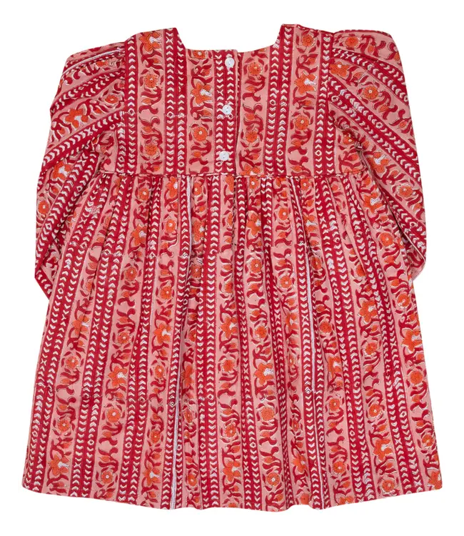 Smocking Bird Christmas Linear Floral Block Print Dress