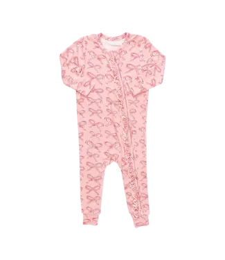 Pink Chicken Pink  Candy Cane Bows Ruffle Bamboo Romper