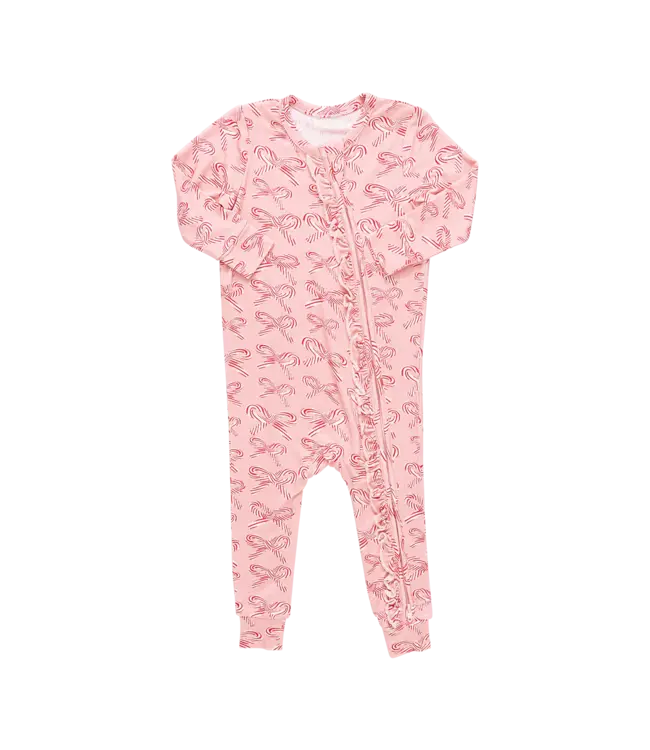 Pink Chicken Pink  Candy Cane Bows Ruffle Bamboo Romper