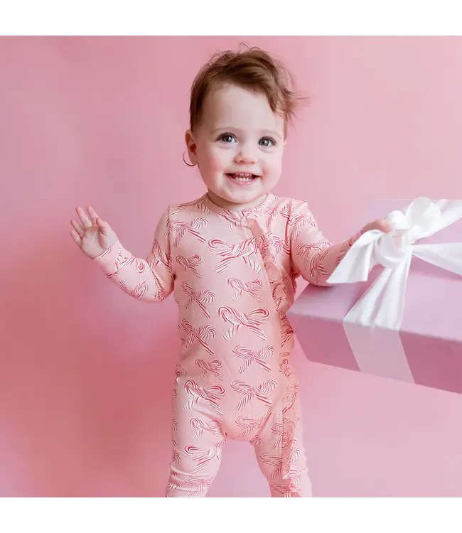 Pink Chicken Pink  Candy Cane Bows Ruffle Bamboo Romper