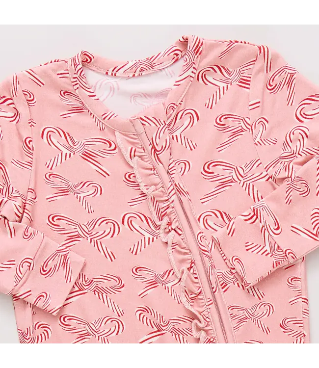 Pink Chicken Pink  Candy Cane Bows Ruffle Bamboo Romper