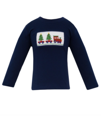 Anavini Navy Knit Christmas Tree Train T-Shirt