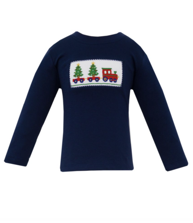 Anavini Navy Knit Christmas Tree Train T-Shirt