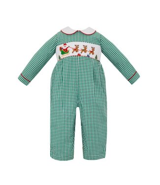 Anavini Green Gingham L/S Santa Sleigh Romper