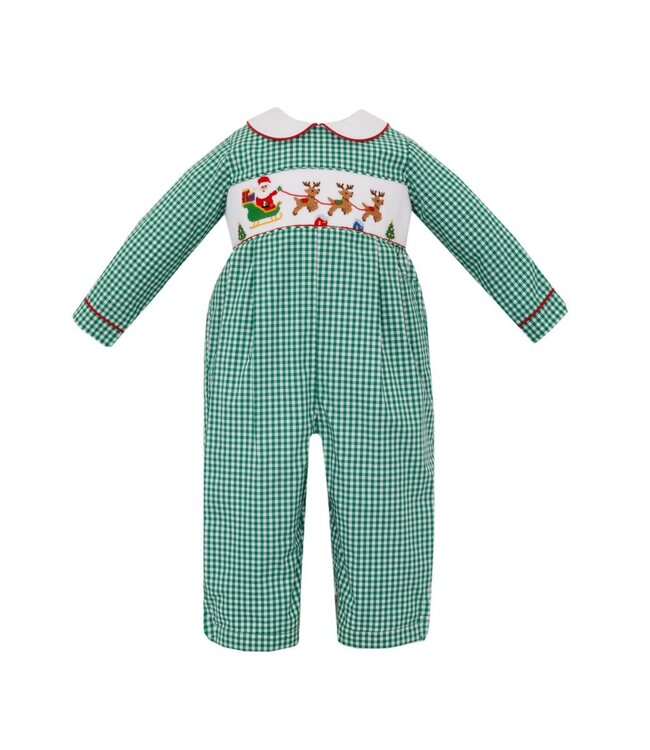 Anavini Green Gingham L/S Santa Sleigh Romper