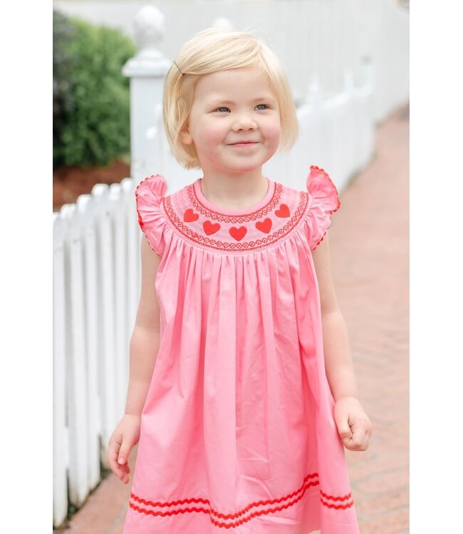 Lil Cactus Pink Heart Valentine Smocked Bishop Dress
