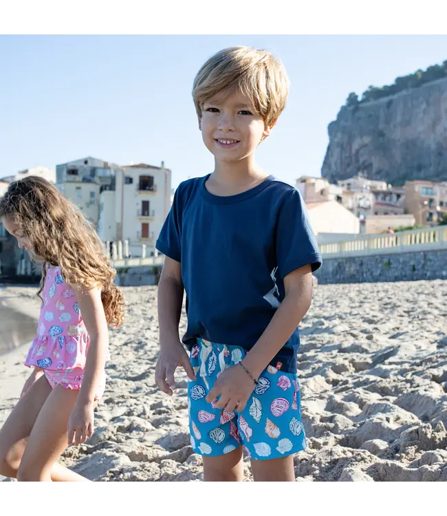 Pink Chicken Blue Seashells Swim Trunk