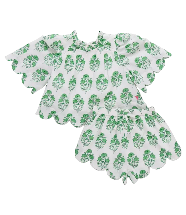 Pink Chicken Green Strawflower Misha Scallop 2 Pc. Set