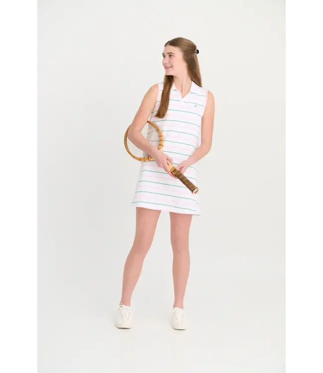 Beaufort Bonnet Tradd Street Stripe/Pink Maude's Sleeveless Polo Derss