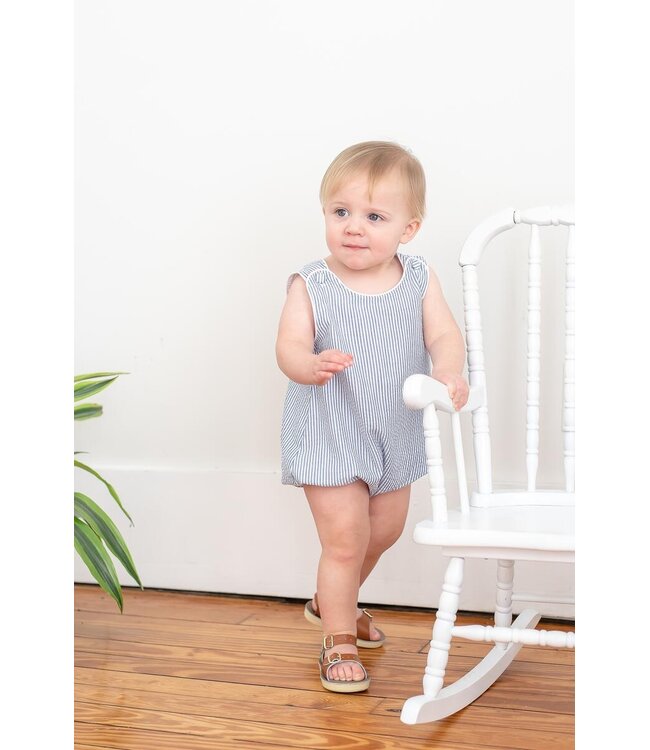 Lil Cactus Classic Dark Blue Stripe Seersucker Romper