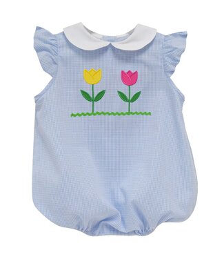 vive la fete Tulips Applique Lt. Blue Gingham Angel Sleeve Girl Bubble