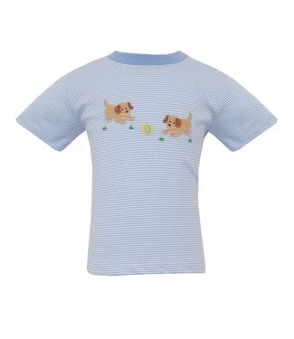 Claire & Charlie Light Blue Knit Stripe Garden Puppies Tee