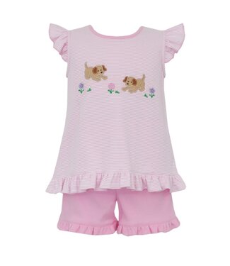 Claire & Charlie Pink Knit Stripe Garden Puppies Short Set