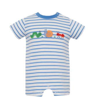 Claire & Charlie Blue Knit Stripe Backyard Bugs Short Romper