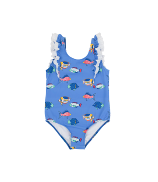 Beaufort Bonnet Here Fishy Fishy/White Ruehling Ruffle Bathing Suit