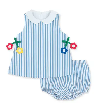 Florence Eiseman Seersucker Dress & Bloomer w/Flowers