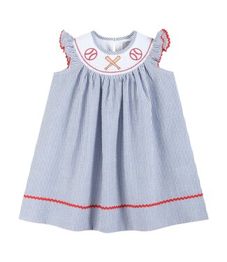 Lil Cactus Blue Seersucker Baseball Smocked Bishop Dress