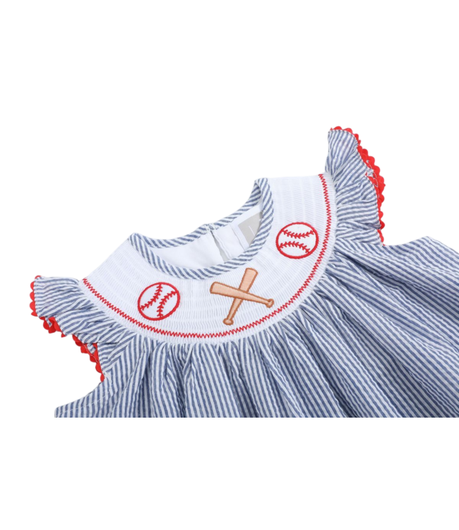 Lil Cactus Blue Seersucker Baseball Smocked Bishop Dress