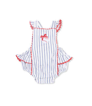 Angel Dear Cream/Navy Baseball Stripe Ric Rac Ruffle Sunsuit