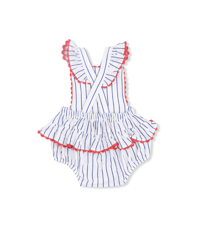 Angel Dear Cream/Navy Baseball Stripe Ric Rac Ruffle Sunsuit