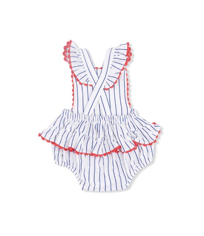 Cream/Navy Baseball Stripe Ric Rac Ruffle Sunsuit