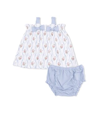 Angel Dear White/Blue Heirloom Rose Stripe Top with Bows & Ruffle Leg Bloomer