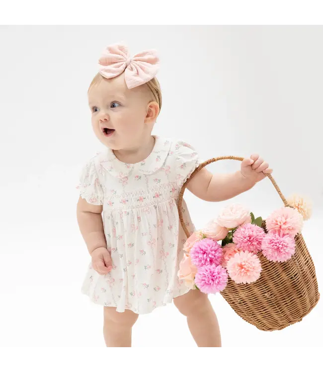 Angel Dear Pink/White Dainty Buds & Bow Smocked Dress