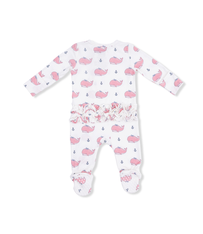 Angel Dear Pink Bubbly Whale with Bow 2 Way Ruffle Back Zip Footie