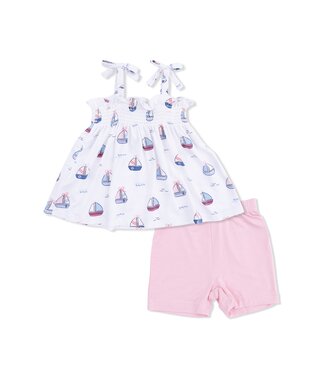 Angel Dear White/Pink Bubbly Sailboats Smocked Top & Bike Short