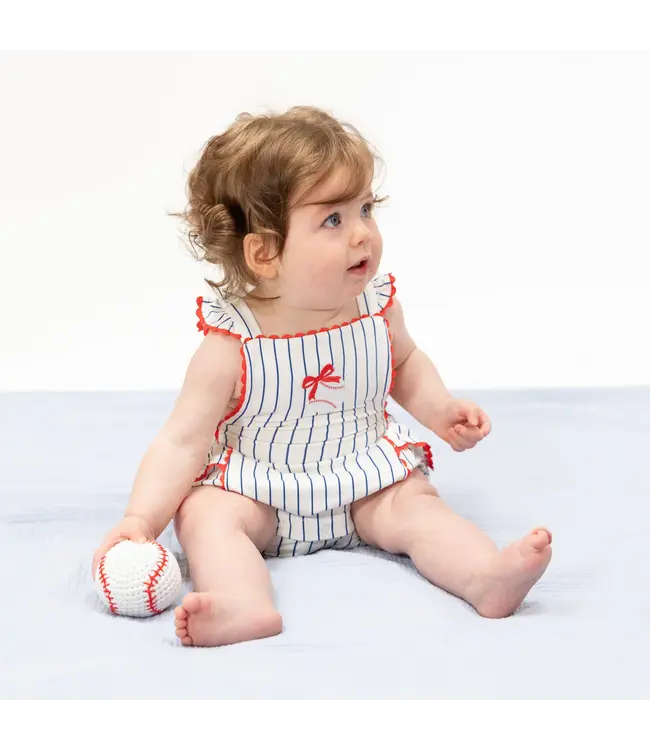 Cream/Navy Baseball Stripe Ric Rac Ruffle Sunsuit
