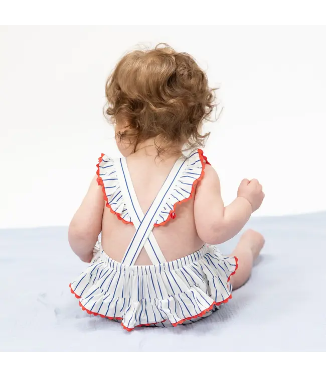 Cream/Navy Baseball Stripe Ric Rac Ruffle Sunsuit