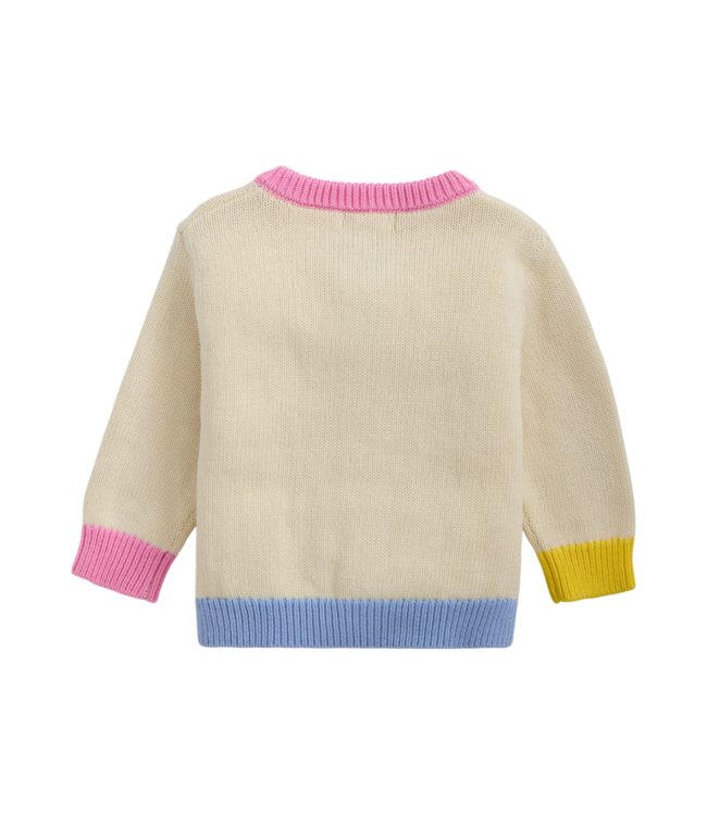 Cream Intarsia Cardigan with Bunny Pink Neck