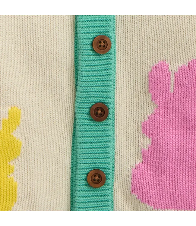 Magnificent Baby Cream Intarsia Cardigan with Bunny Pink Neck