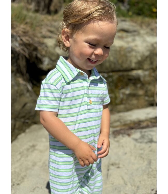 Me & Henry Lime/Blue/White Stripe Pique Polo Romper