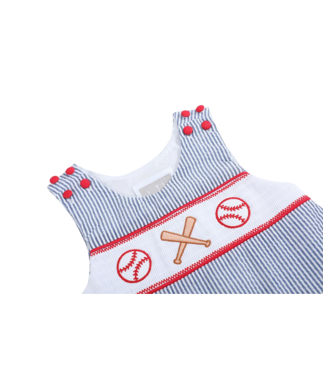 Lil Cactus Blue Seersucker Baseball Smocked Shortall