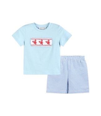 Lil Cactus Blue Gingham Crawfish Smocked Shirt & Short Set
