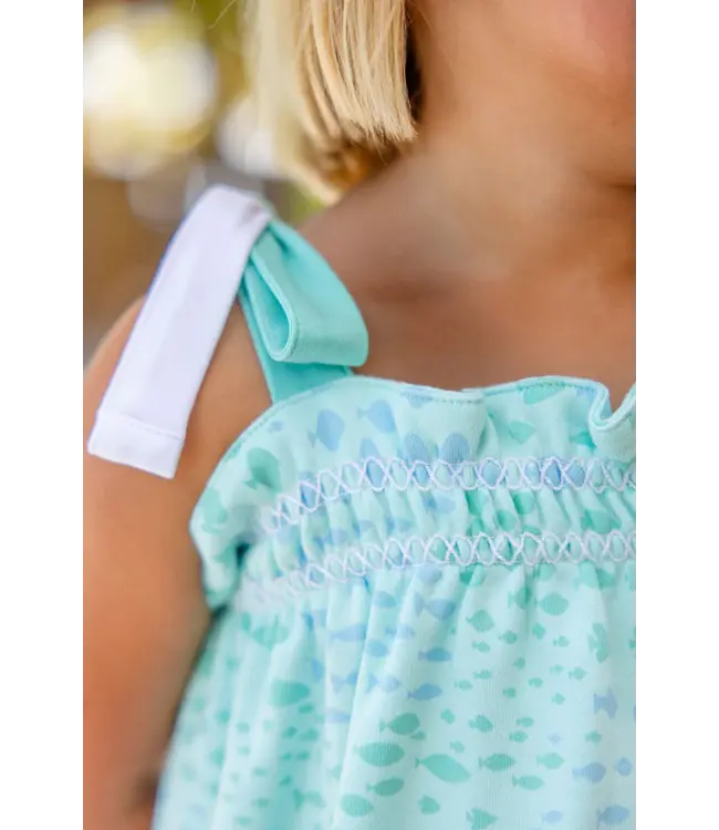 Beaufort Bonnet Sarasota School of Fish/White/Teal Laineys Little Dress