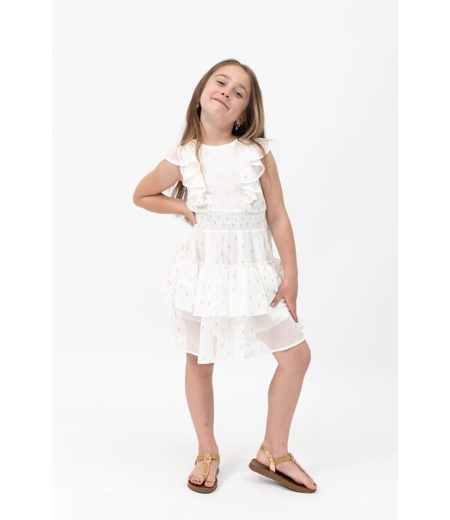 Ivory/Gold Ruffle Top Smocked Waist Dress with Tiers
