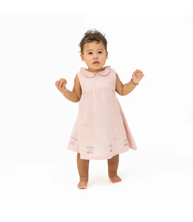 Angel Dear Pink Solid Muslin Lotus Petal Collar Dress Set