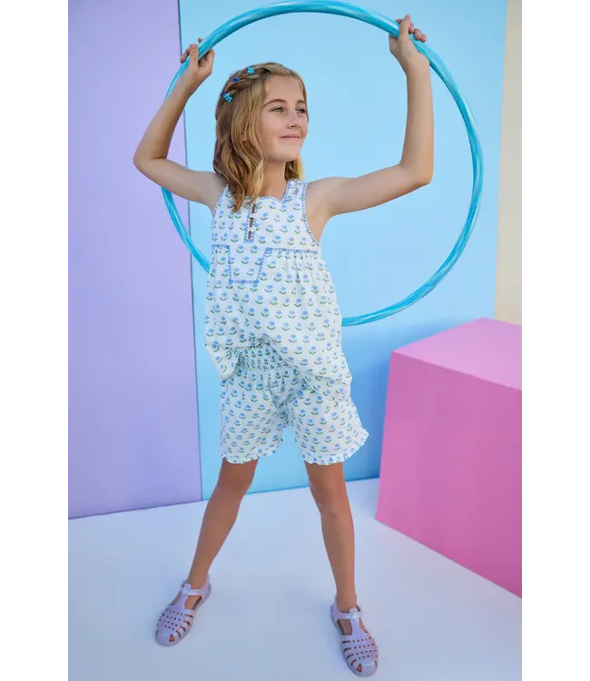 Bisby Blue Tulip Block Shirred Ruffle Shorts