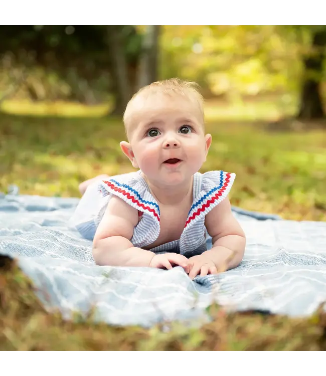 Magnetic Me Seersucker Stripe Flutter Sleeve Romper