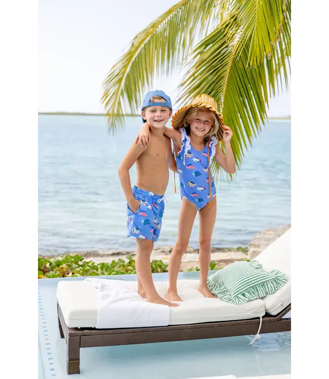 Beaufort Bonnet Here Fishy Fishy/White Ruehling Ruffle Bathing Suit