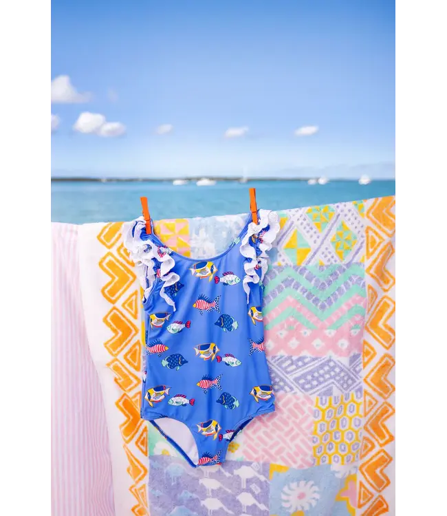 Beaufort Bonnet Here Fishy Fishy/White Ruehling Ruffle Bathing Suit