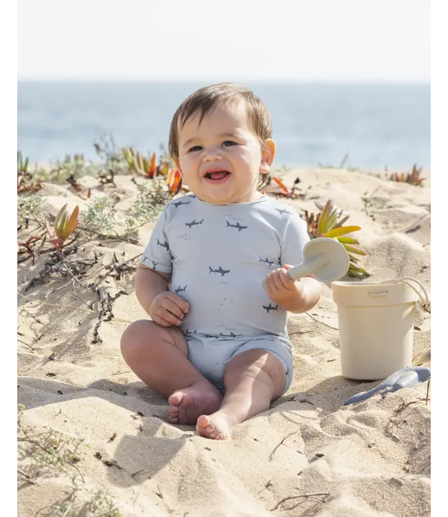 Rylee & Cru Light Blue Sharks Shorty One Pc. Swim